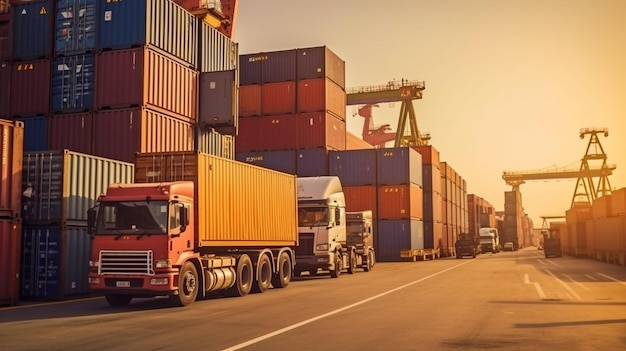 Photo semitrailer trucks parked alongside stacked cargo containers logistics and transportation industry handling generative ai