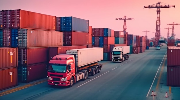 Semitrailer trucks parked alongside stacked cargo containers Logistics and Transportation Industry Handling Generative AI