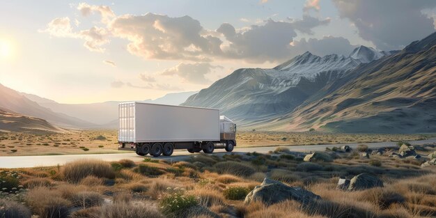 Photo a semitruck drives through a canyon at sunset