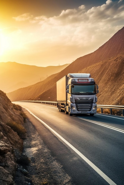 Semitruck drives through mountains on highway under morning sky