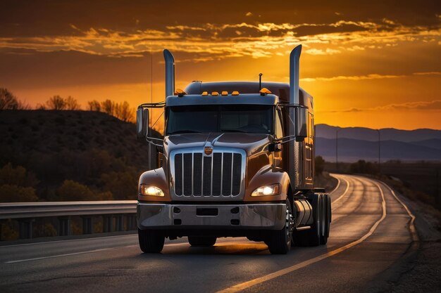 Photo semitruck driving at sunset