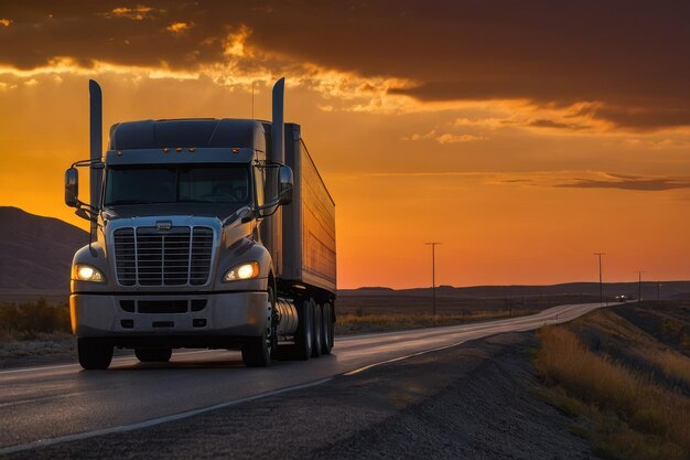 SemiTruck Driving at Sunset