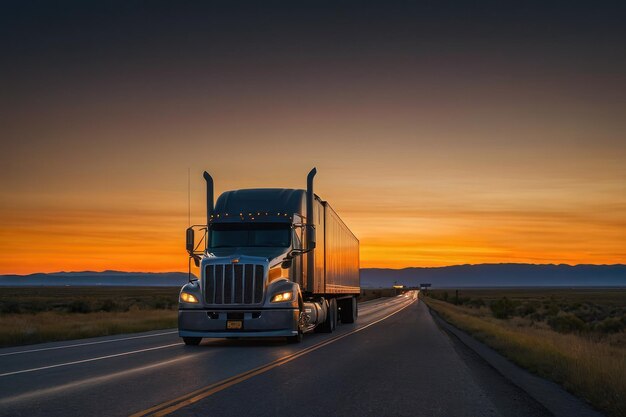 SemiTruck Driving at Sunset