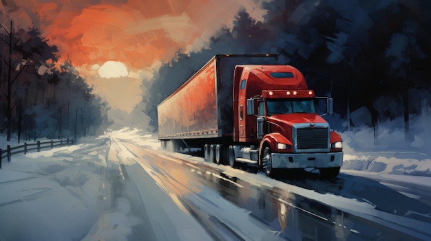 A semitruck is driving along a snowy road in the winter Generative AI