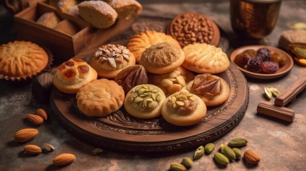 Semolina maamoul cookies with dates walnuts and pistachios traditional Arabic sweets for Eid al Adha and Eid al Fitr