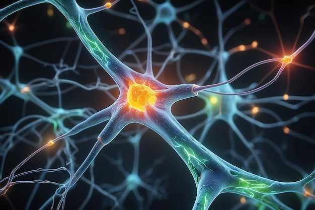 Sending chemical and electrical signals in a synapse and neuron human nervous system close up 3d rendering