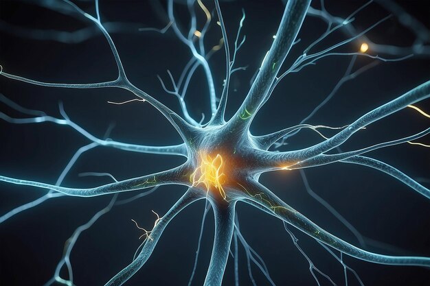 Sending chemical and electrical signals in a synapse and neuron human nervous system close up 3d rendering