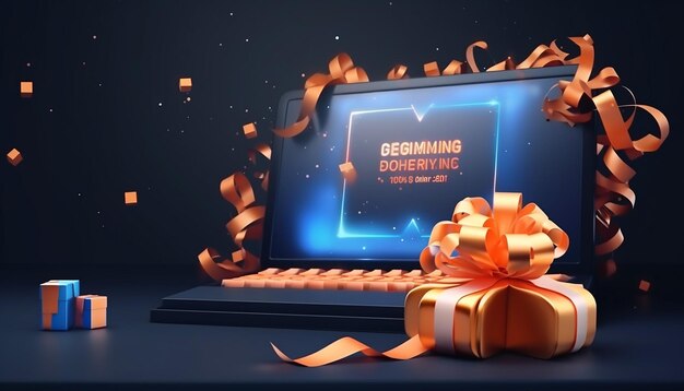 Sending gift icone clean design darken blue and orange landing page gaming and glitch