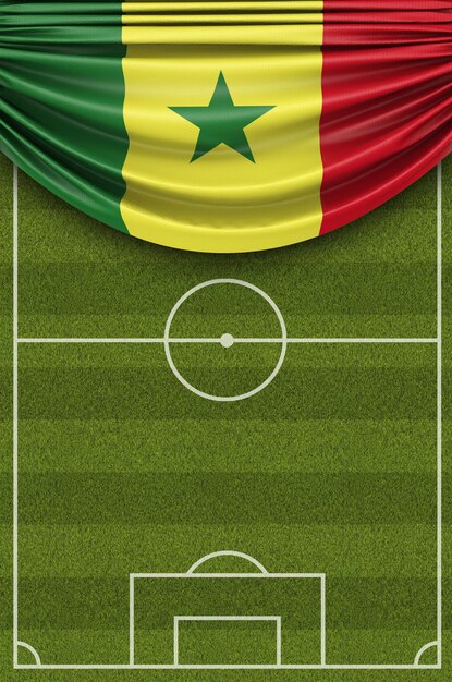 Senegal country flag draped over a football soccer pitch 3D Rendering