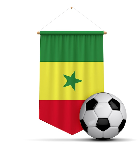 Senegal flag cloth hanging banner with soccer ball 3D Rendering