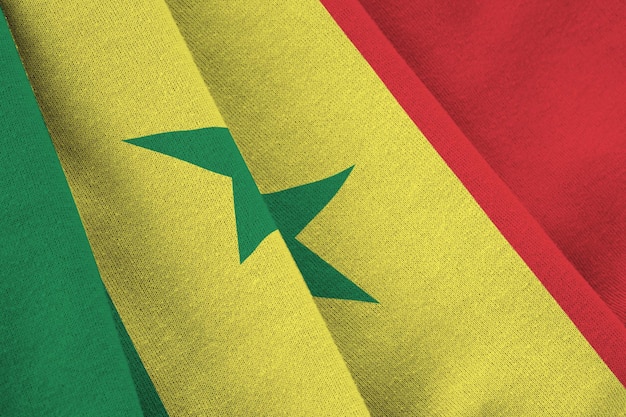 큰 주름이 있는 세네갈 국기는 실내 스튜디오 조명 아래에서 배너의 공식 기호와 색상을 닫습니다.