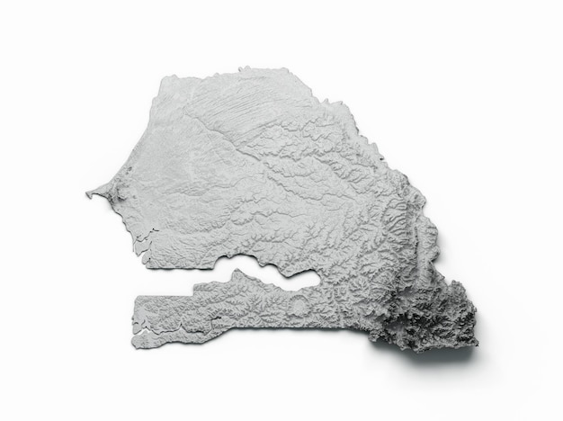 Карта Сенегала Флаг Затененный рельеф Карта высоты цвета на белом фоне 3d иллюстрация