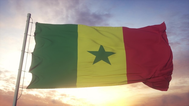 Senegal vlag zwaaien in de wind, lucht en zon achtergrond. 3D-rendering