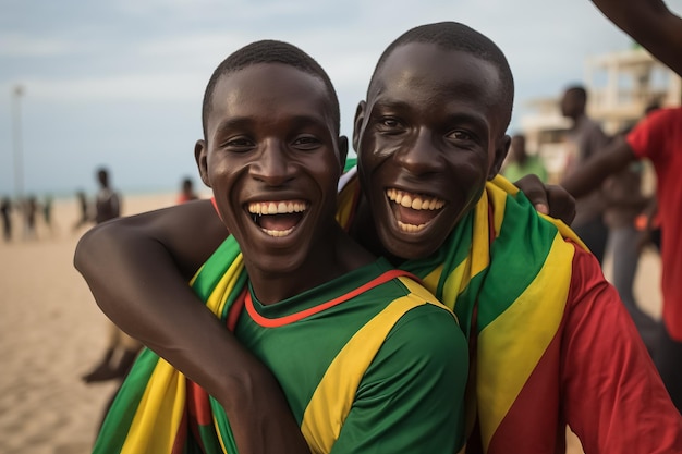 Senegalese beach soccer fans celebrating a victory