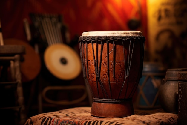 Foto tamburo djembe senegalese che riposa in uno studio di musica rustico