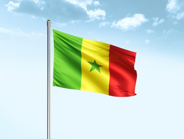 Senegalese nationale vlag zwaaiend in blauwe lucht met wolken Senegalese vlag 3D illustratie