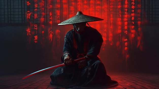 Sengoku Samurai with Hat Kneeling and Bowing Head