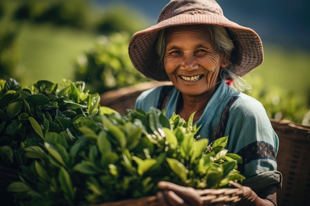 A senioor farmer picking tea leaves