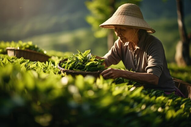 茶葉を摘む先輩農家