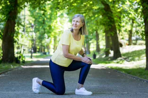 ジョギング中の年配のアクティブな女性が夏の公園で彼女の足と膝の白髪の年金受給者を負傷しました