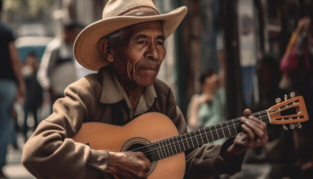 Foto guitarrista adulto anziano che suona la chitarra acustica all'aperto sorridendo e eseguendo generato da intelligenza artificiale