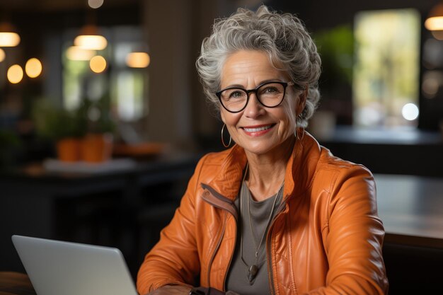 Donna adulta anziana che indossa occhiali usando un portatile in un ufficio
