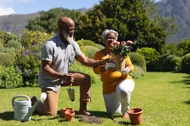 Senior african american couple spending time in sunny garden together planting flowers. retreat, retirement and happy senior lifestyle concept.