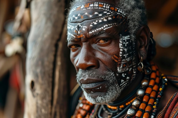 Senior african serious man primitive tribe with traditional white face paint pattern