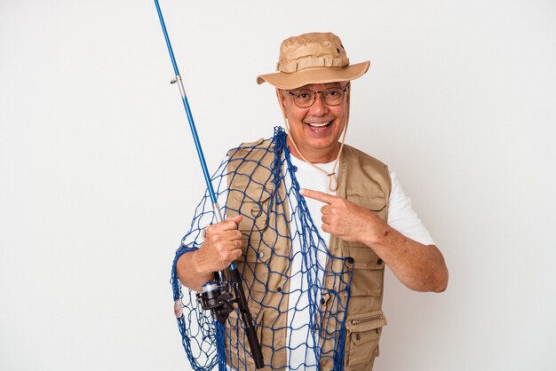 Senior american fisherman holding net isolated on white background