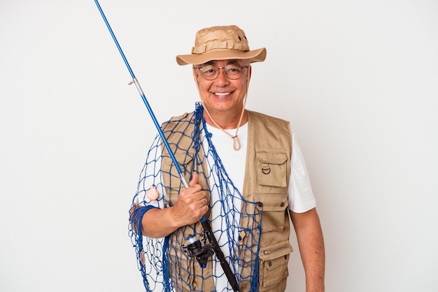 Senior american fisherman holding net isolated on white background