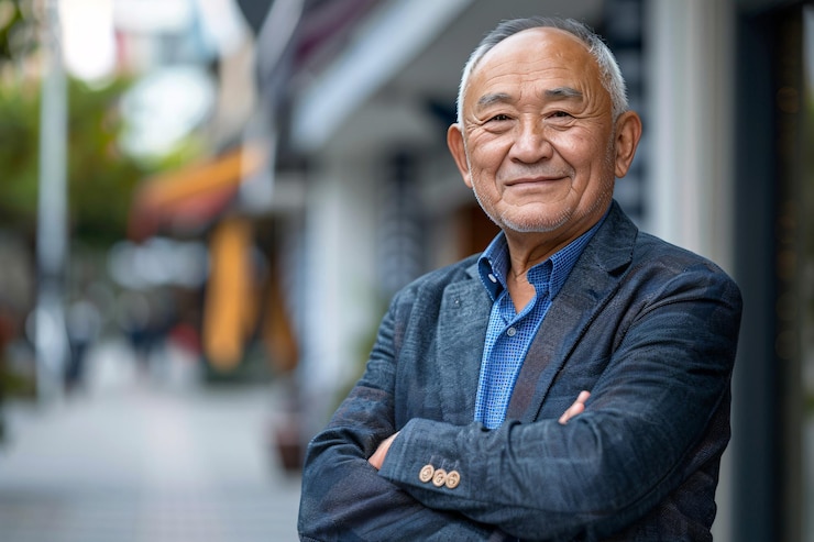 Photo senior asian businessman smiling confidently with folded arms in an urban outdoor setting