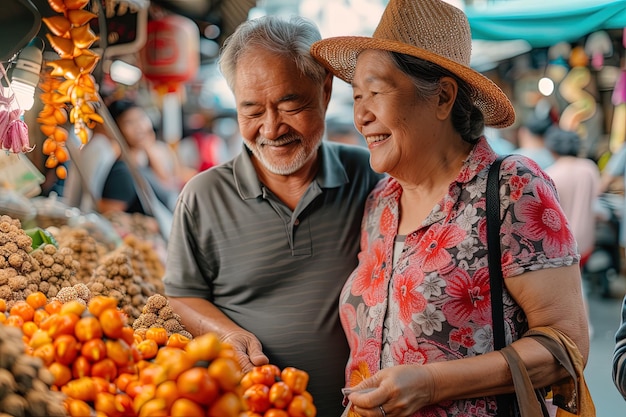 Senior asian couple tourist shopping at a street market