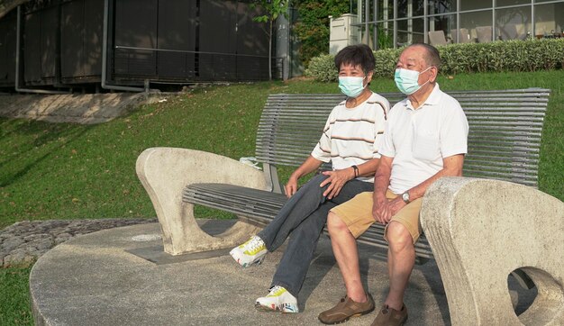 Senior Asian couple wearing face mask sitting on a bench in a park