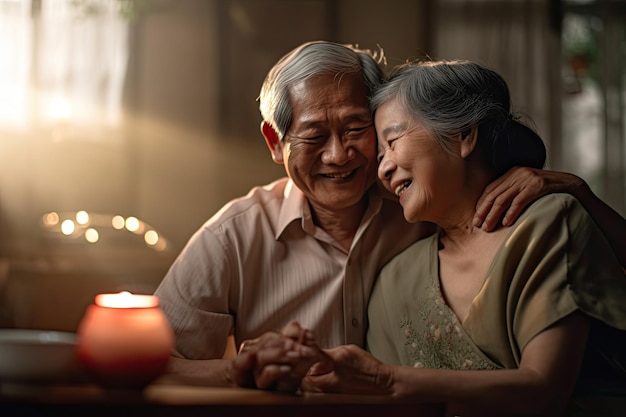 Senior Asian couples take care of each other together time in their living room Generative AI