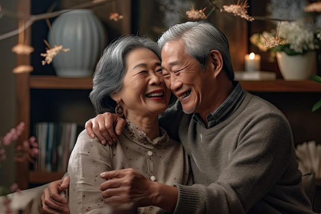 Senior Asian couples take care of each other together time in their living room Generative AI