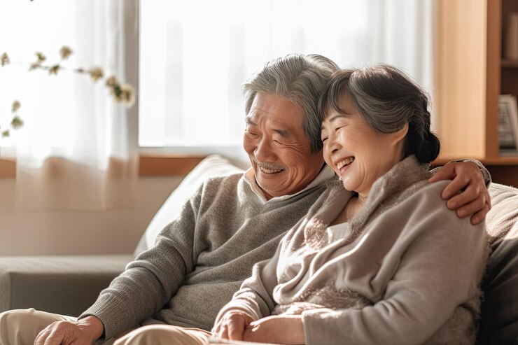 Photo 아시아의 노인 커플들이 거실에서 함께 서로를 돌보고 있습니다.