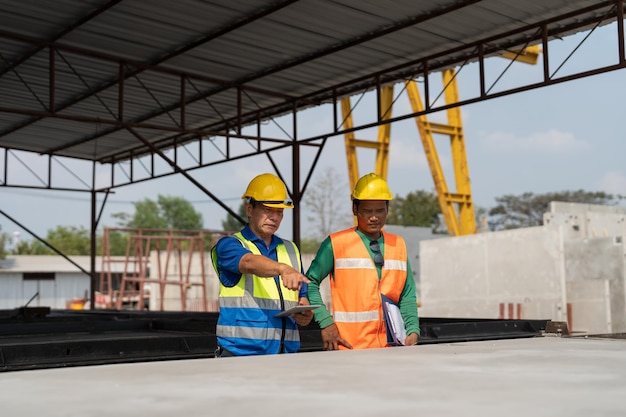 Senior Asian foreman pointing cement quality in mold concrete for making precast wall at factory