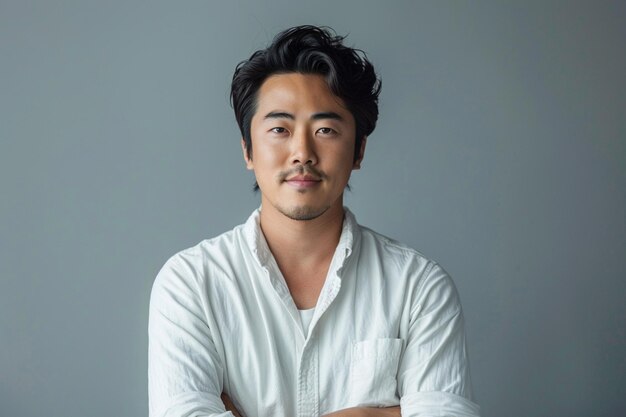 a senior asian man pose on gray background