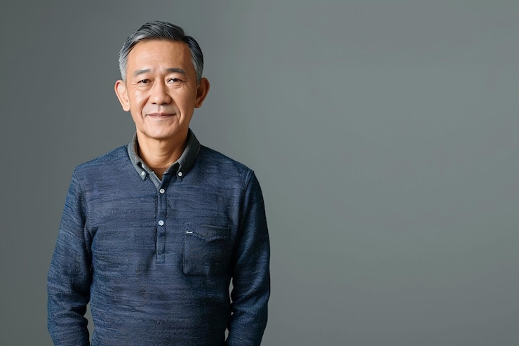 Photo a senior asian man pose on gray background