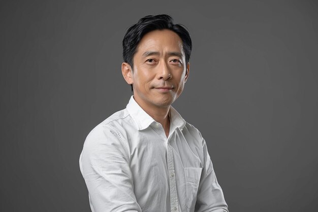 a senior asian man pose on gray background
