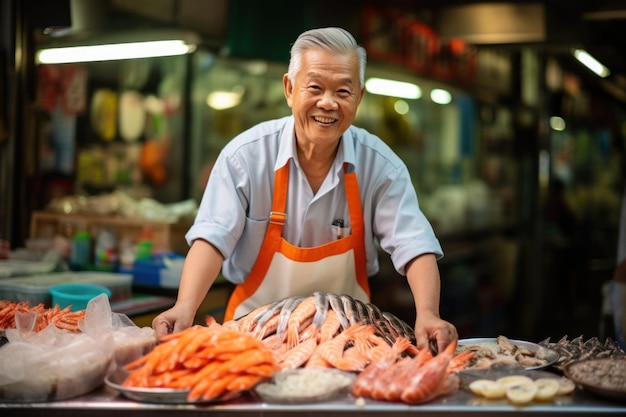 市場のスタンドで新鮮な海産物を売っているアジア人の高齢者