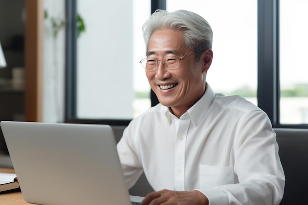 Senior asian man using laptop. AI Generated illustration.