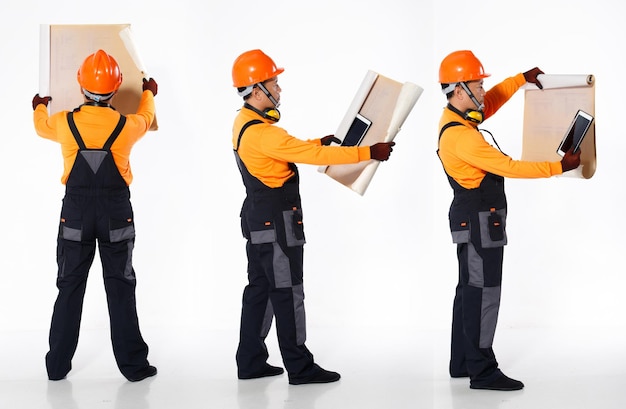 Senior Asian Man wear Orange uniform shirt hardhat and leather glove as engineer construction site labor. Full length of short small male hold blueprint tablet many acts, white background isolated