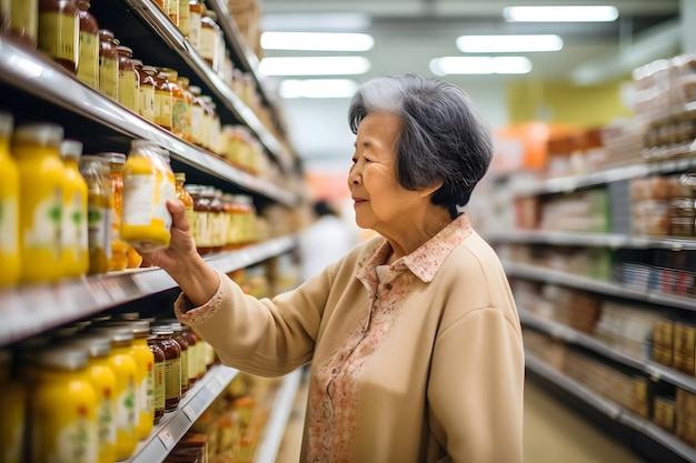 Пожилой азиат, выбирающий продукт в продуктовом магазине, нейронная сеть создала фотореалистичную картину