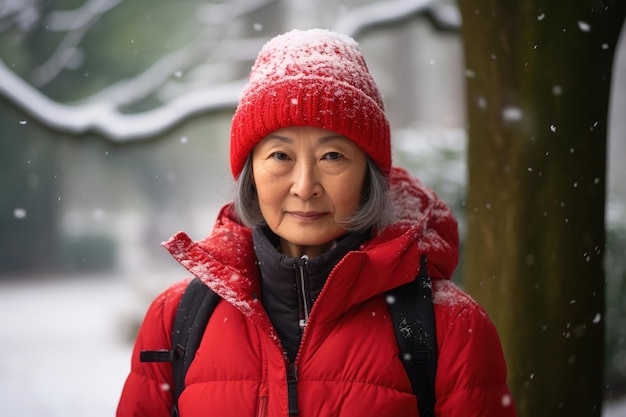 Senior Asian woman in winter clothes Urban lifestyle street portrait