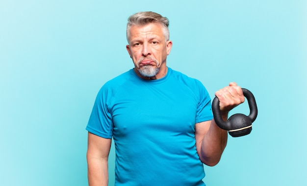 Uomo atleta senior che si sente triste e piagnucoloso con uno sguardo infelice, piangendo con un atteggiamento negativo e frustrato