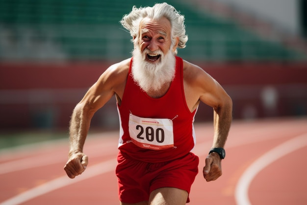 Senior atleet loopt tijdens kampioenschap gezonde levensstijl