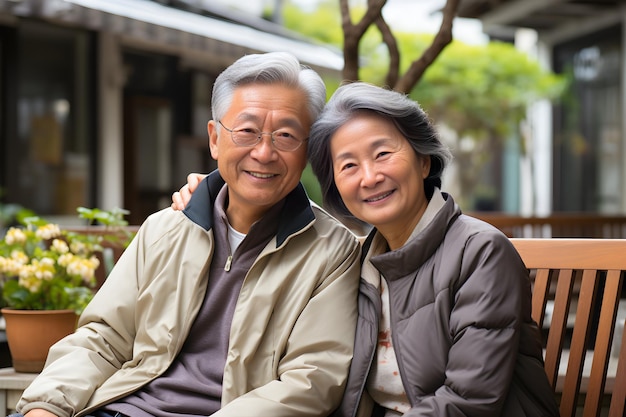 Senior Aziatisch stel geniet ervan om samen tijd door te brengen terwijl ze glimlachen naar de camera