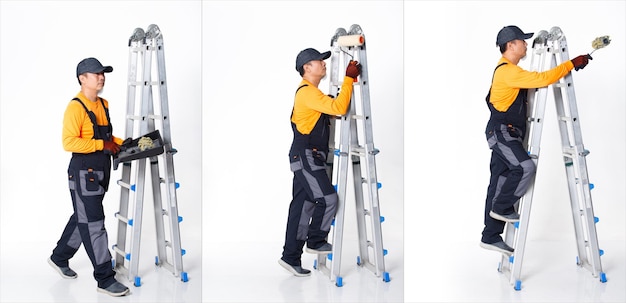 Senior Aziatische man draagt oranje uniforme hemdhoed en handschoen als schildersarbeid met metalen hoge ladder. Volledige lengte van korte kleine mannelijke greep borstel schilderij roller vele weergaven, witte achtergrond geïsoleerd