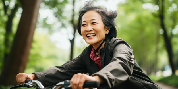 Senior Aziatische vrouw fietsen in het park haar vreugde en zelfvertrouwen vermenging met de schoonheid van de natuur AI generatieve